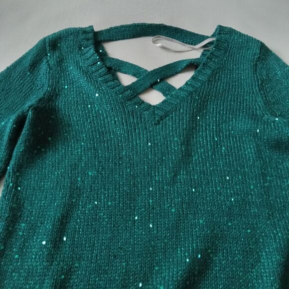Guess Blue Green Knit V-Neck Sequins Crisscross Pullover Sweater Women's Medium - Picture 7 of 14